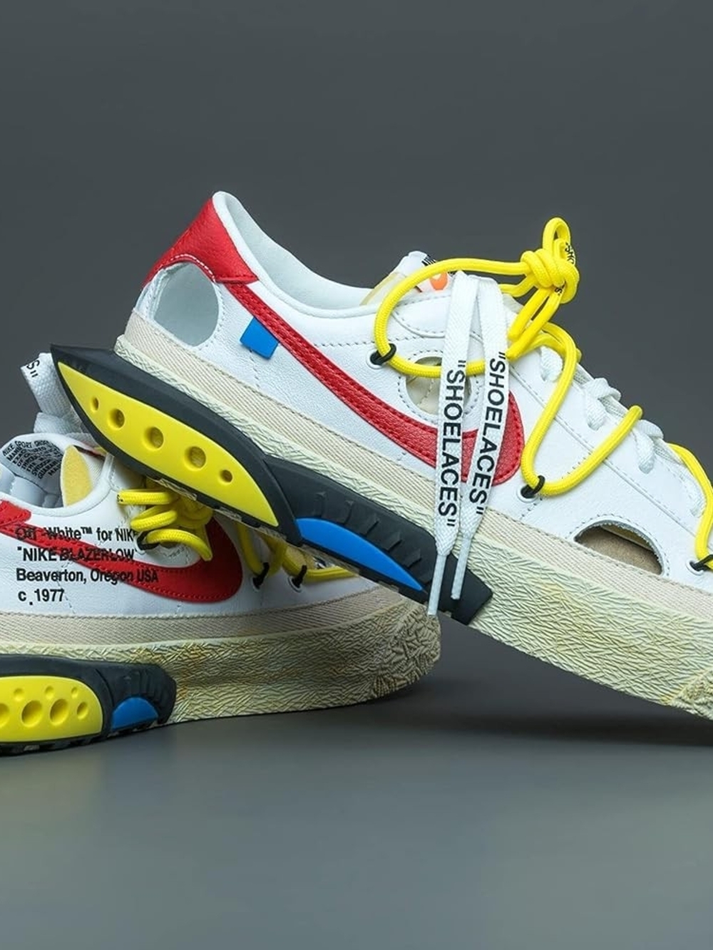 Off-White Men's White Sneakers with Red and Yellow Accents